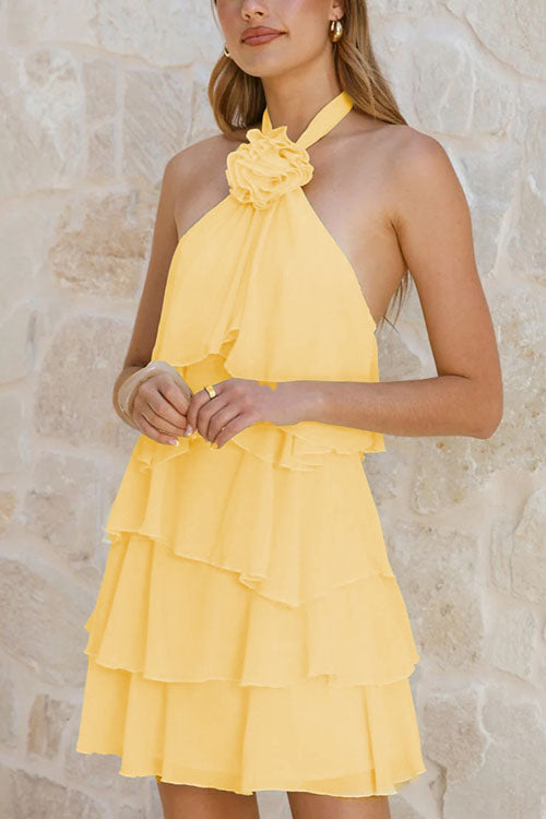 Rowangirl  Backless Floral-embellished Layered Ruffle Dress