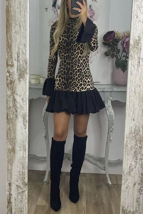 Rowangirl Leopard Print Bell Sleeve Long Sleeve Dress