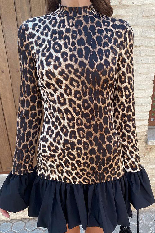 Rowangirl Leopard Print Bell Sleeve Long Sleeve Dress