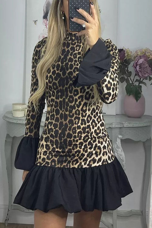 Rowangirl Leopard Print Bell Sleeve Long Sleeve Dress