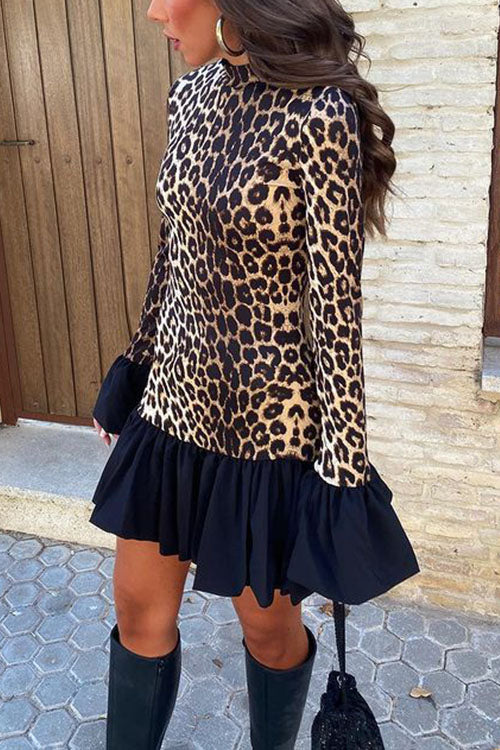 Rowangirl Leopard Print Bell Sleeve Long Sleeve Dress