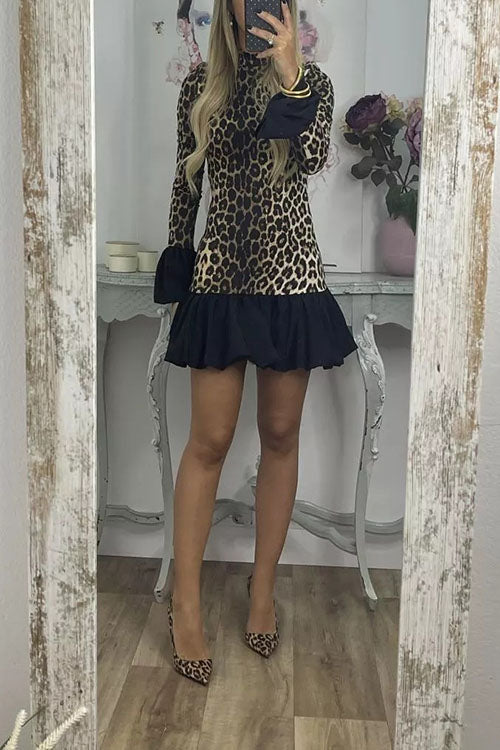 Rowangirl Leopard Print Bell Sleeve Long Sleeve Dress