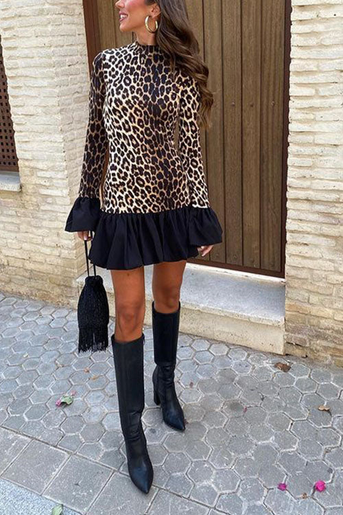 Rowangirl Leopard Print Bell Sleeve Long Sleeve Dress