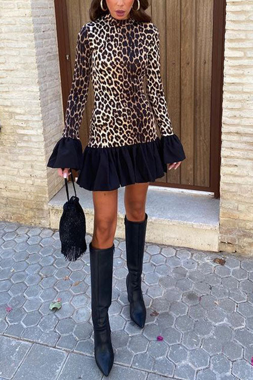 Rowangirl Leopard Print Bell Sleeve Long Sleeve Dress