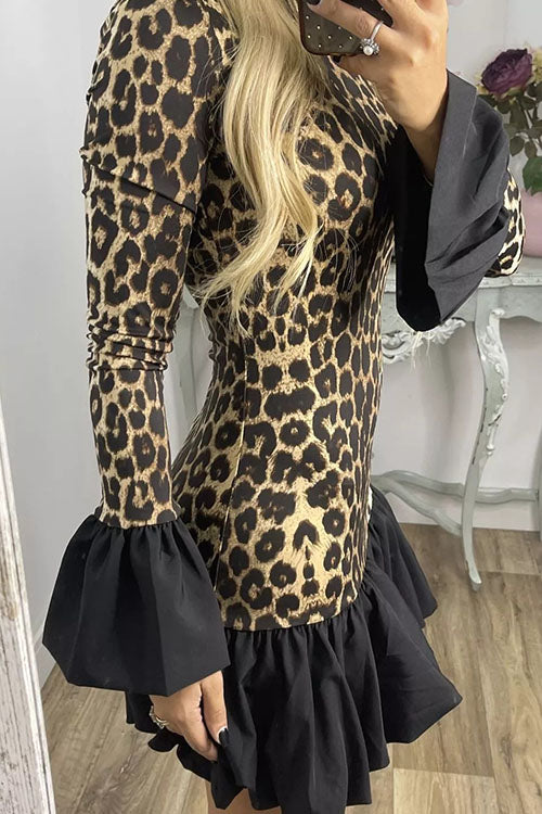 Rowangirl Leopard Print Bell Sleeve Long Sleeve Dress