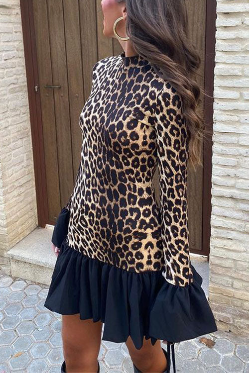 Rowangirl Leopard Print Bell Sleeve Long Sleeve Dress