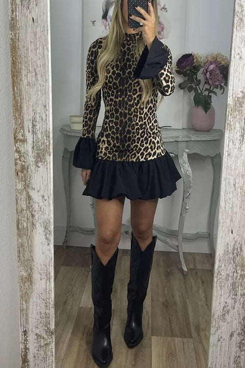 Rowangirl Leopard Print Bell Sleeve Long Sleeve Dress