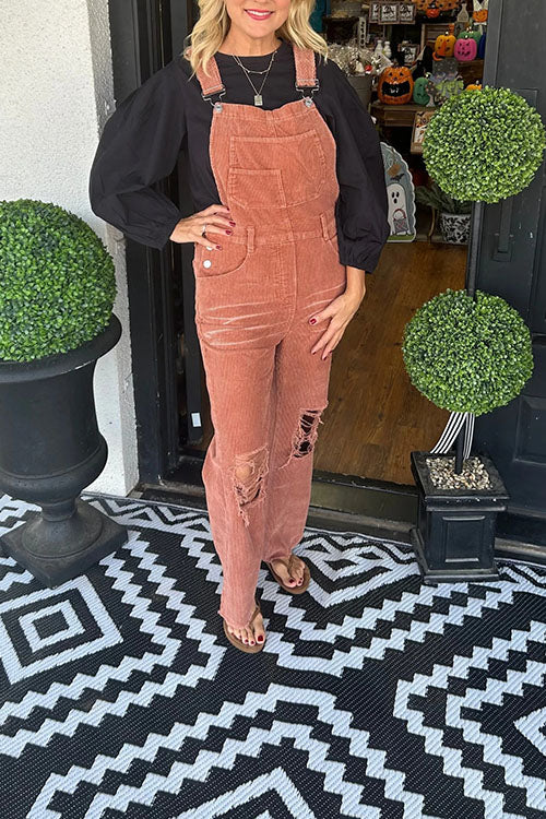 Rowangirl  Corduroy Buttoned Pocket Ripped Jumpsuit