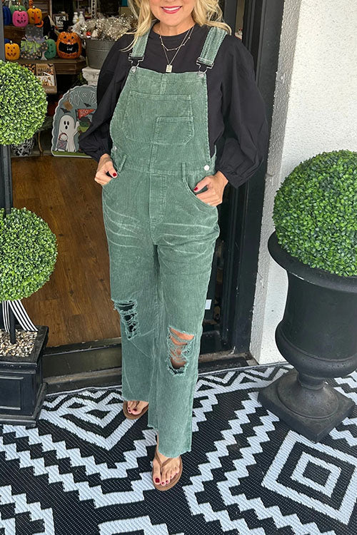 Rowangirl  Corduroy Buttoned Pocket Ripped Jumpsuit