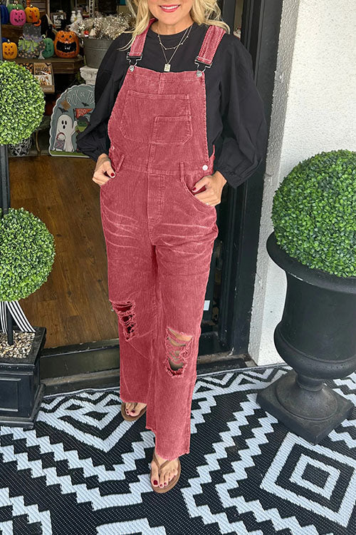 Rowangirl  Corduroy Buttoned Pocket Ripped Jumpsuit