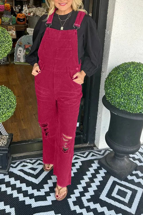 Rowangirl  Corduroy Buttoned Pocket Ripped Jumpsuit