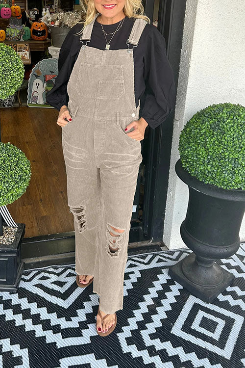 Rowangirl  Corduroy Buttoned Pocket Ripped Jumpsuit