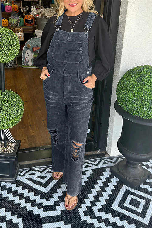 Rowangirl  Corduroy Buttoned Pocket Ripped Jumpsuit