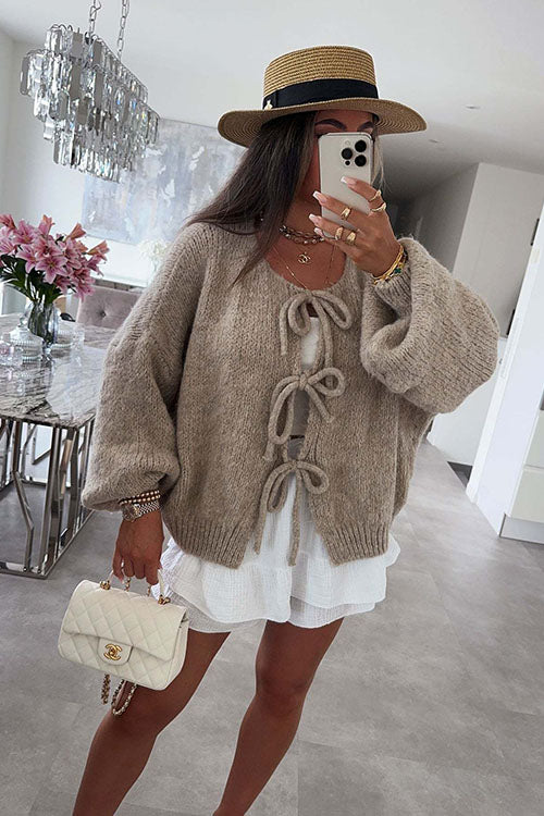 Rowangirl  Crew Neck Lace-Up Knitted Cardigan (Copy)