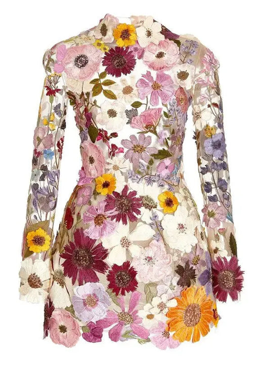 Rowangirl Fashion Three-Dimensional Embroidery Flower Long-Sleeved Dress