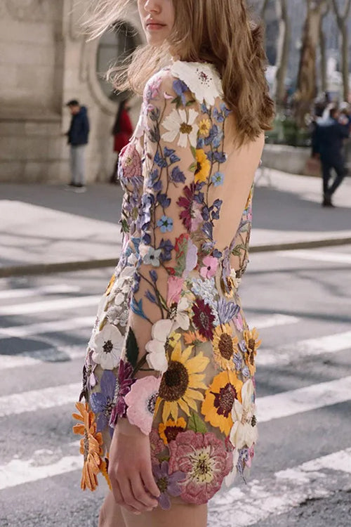 Rowangirl Fashion Three-Dimensional Embroidery Flower Long-Sleeved Dress