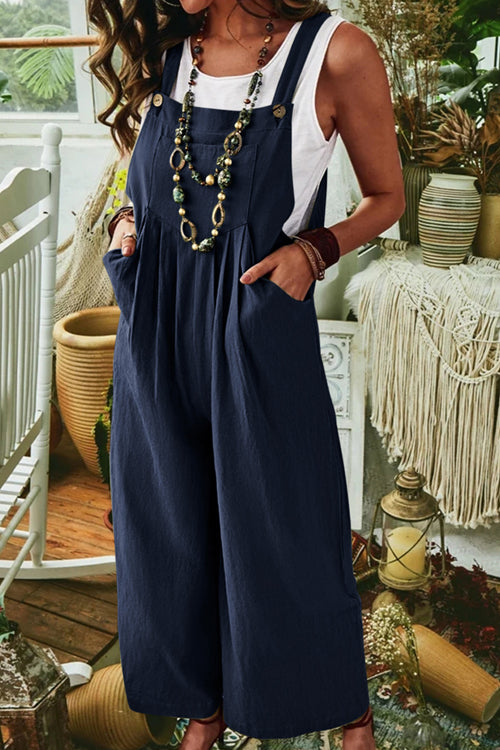 Rowangirl Linen Cotton Solid Color Sleeveless Casual Wide Leg Side Button Jumpsuit