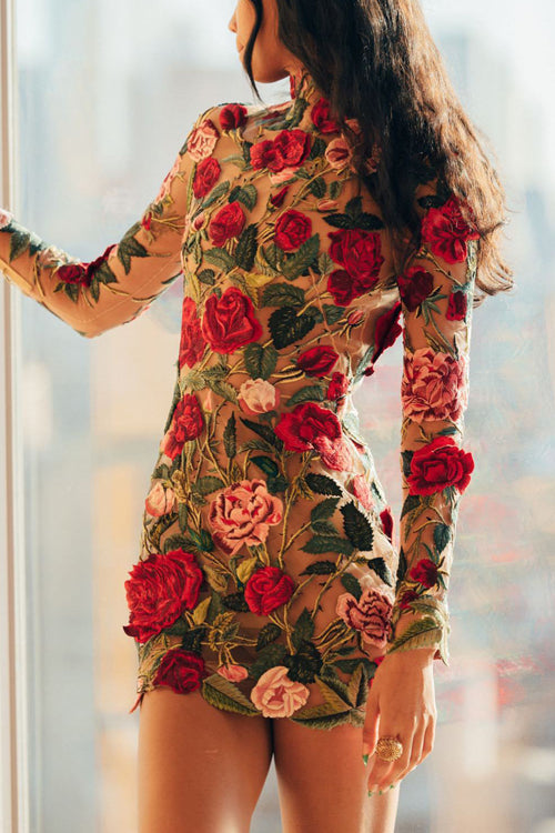 Rowangirl Fashion Half Turtleneck Lace Embroidery Long-Sleeved Dress