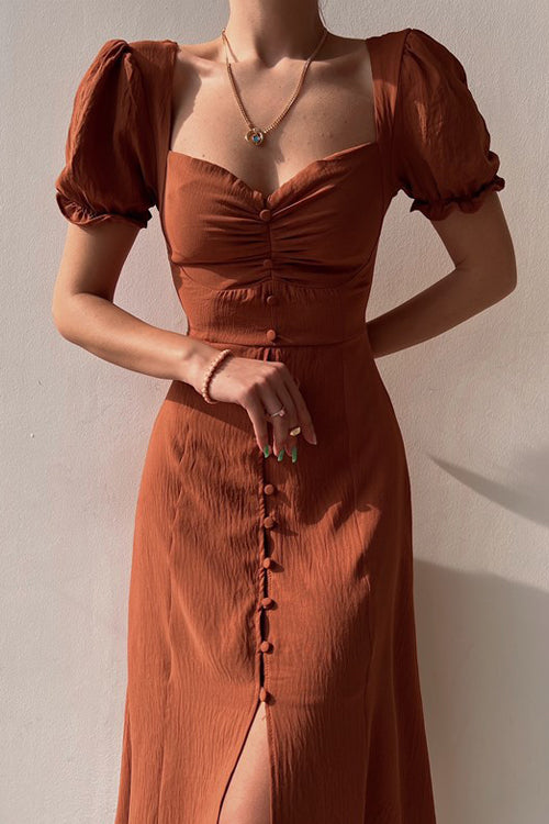 Rowangirl Fashion V-Neck Single-Breasted Temperament Mid-Length Dress
