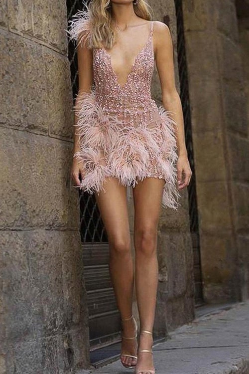 Rowangirl Quintina Fashion Chic Feather V Neck Sling Dress