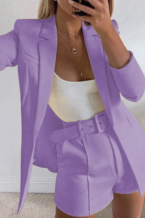 Rowangirl Chic Solid Lapel Long Sleeve Suit Coat+Slim Suit Shorts Two-piece