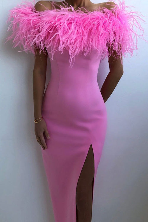 Rowangirl Chic Solid Feather Boat Neck Split Slim Party Dress