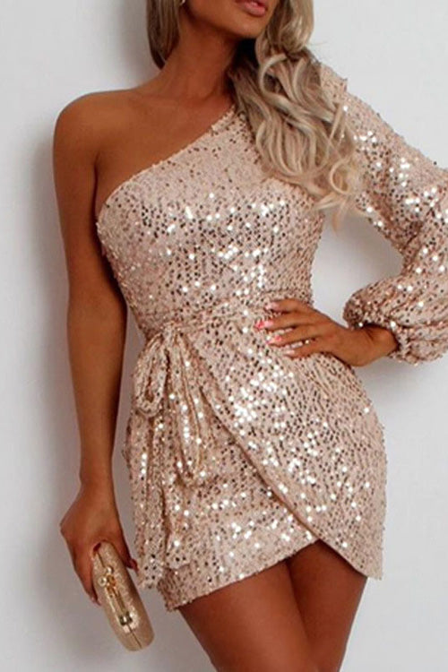 Rowangirl Chic Sequins One Shoulder Long Sleeve Lace Up Party Dress