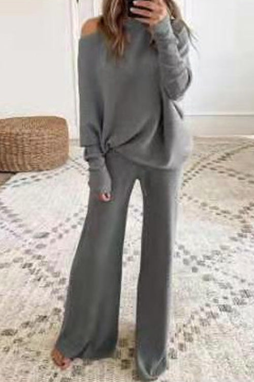Rowangirl Fashion Casual Solid Loose Long Sleeve Top+Wide Leg Pants Two-piece