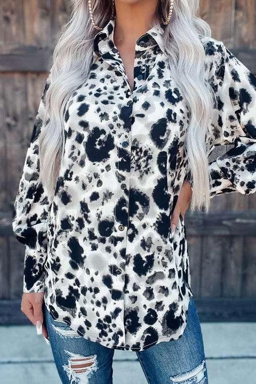 Rowangirl Fashion Leopard Lapel Long Sleeve Slim Shirt