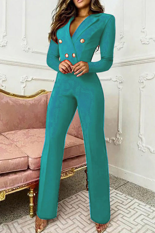 Rowangirl Fashion Lapel Long Sleeve Buttons Slim Suit Jumpsuit