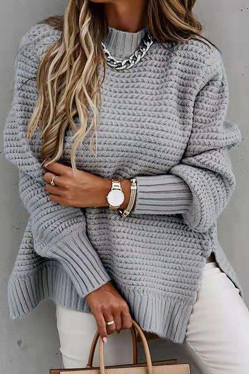 Rowangirl Autumn Winter Fashion Loose Solid Long Sleeve Split Sweater