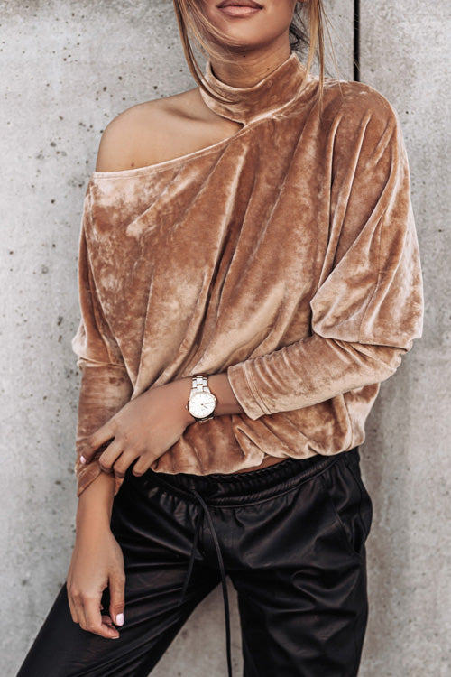 Rowangirl Fashion Gold Velvet Off Shoulder Long Sleeve Top