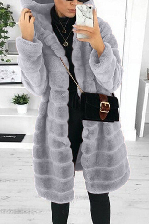 Rowangirl Autumn Winter Fashion Solid Long Sleeve Hooded Mid-length Coat