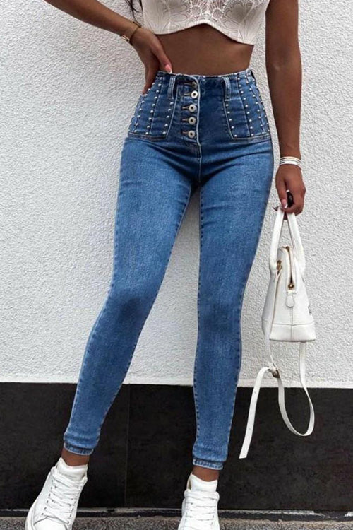 Rowangirl Fashion Buttons Pockets Stretch Slim Jeans