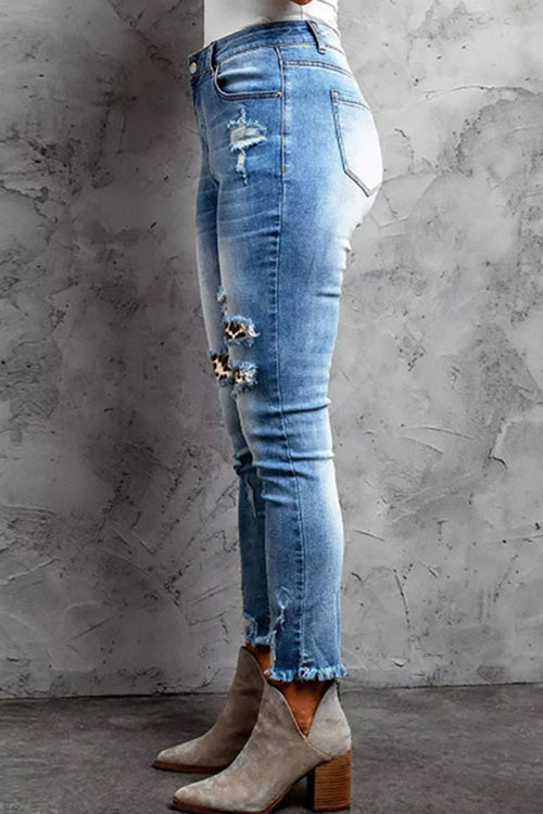 Rowangirl Fashion Leopard Pockets Slim Ripped Jeans