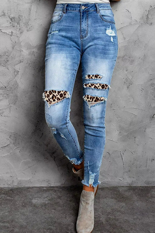 Rowangirl Fashion Leopard Pockets Slim Ripped Jeans