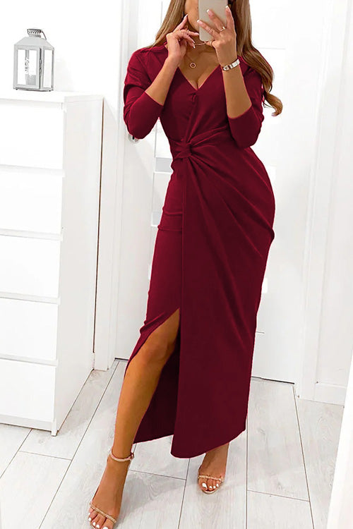 Rowangirl Fashion Chic Solid V Neck Long Sleeve Split Slim Dress