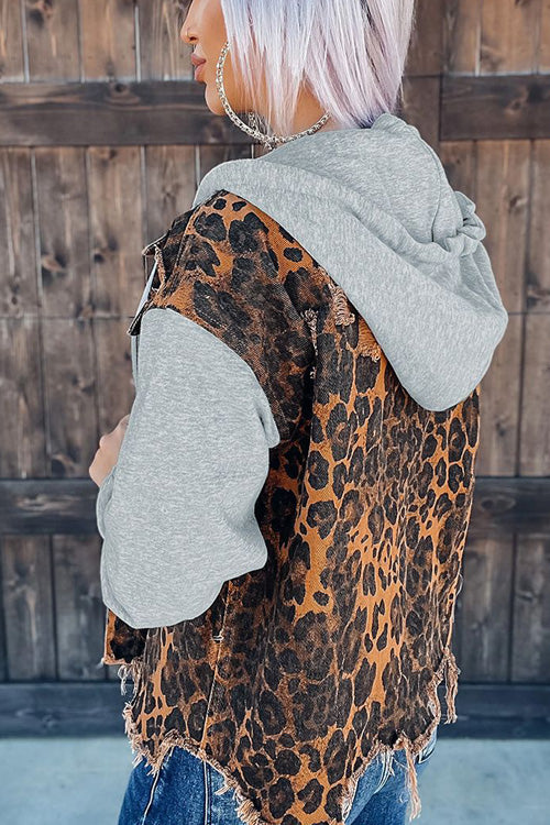 Rowangirl Fashion Leopard Long Sleeve Hooded Slim Coat