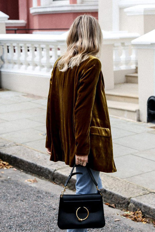 Rowangirl Casual Golden Velvet Solid Long Sleeve Pockets Mid-length Coat