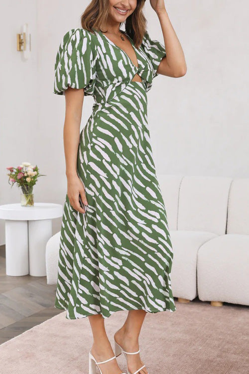 Rowangirl Fashion Printed V Neck Short Sleeve Slim Mid-length Dress