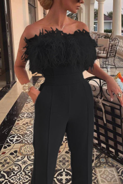 Rowangirl Chic Solid Feather Off Shoulder Sleeveless Slim Jumpsuit