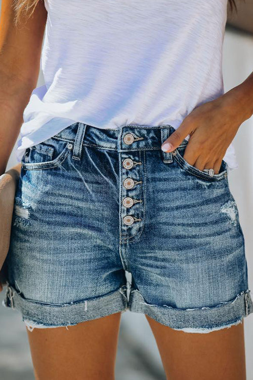 Rowangirl Summer Fashion Buttons Cuffed Denim Shorts