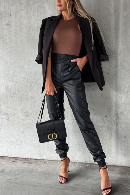 Rowangirl Fashion Solid Pockets Slim Leather Pants