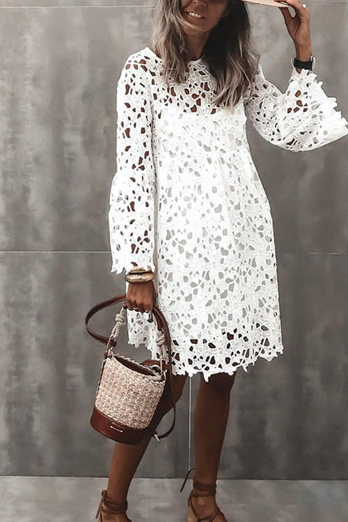 Rowangirl Chic Solid Lace Loose Long Sleeve Party Dress