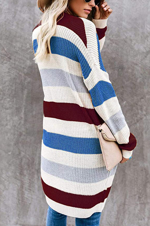 Rowangirl Fashion Casual Loose Contrast Stripe Long Sleeve Cardigan