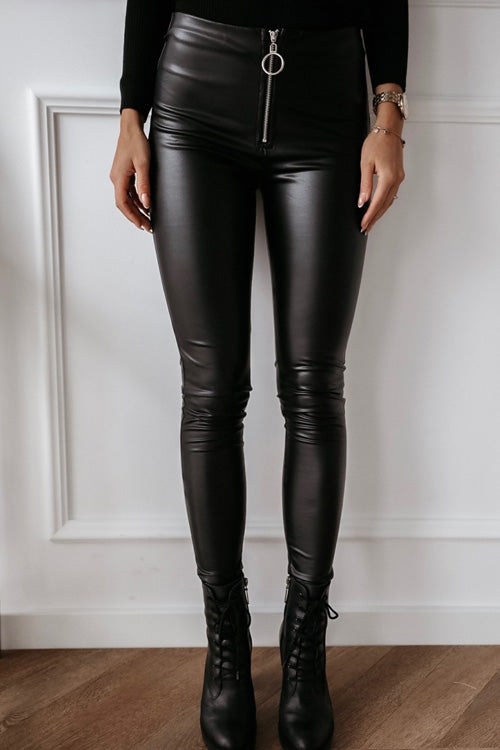 Rowangirl Fashion Solid Zipper Slim Leather Pants