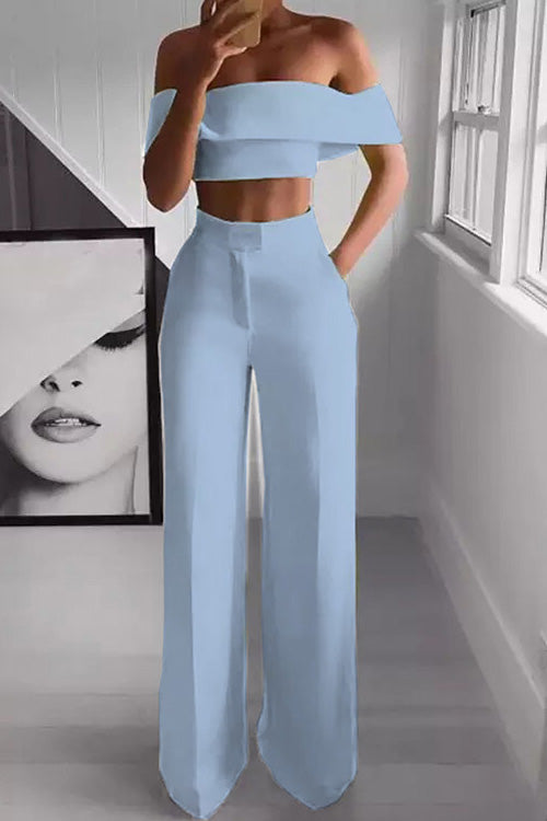 Rowangirl Chic Solid Boat Neck Off Shoulder Top+Loose Pants Two-piece