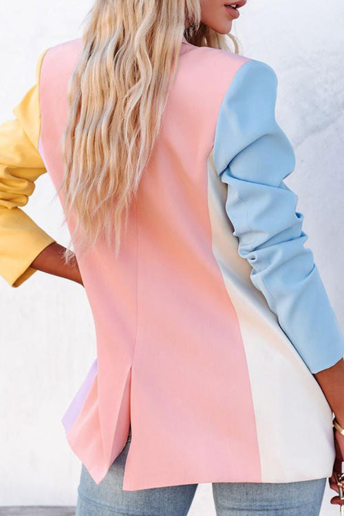 Rowangirl Fashion Casual Color Block Lapel Long Sleeve Pockets Coat