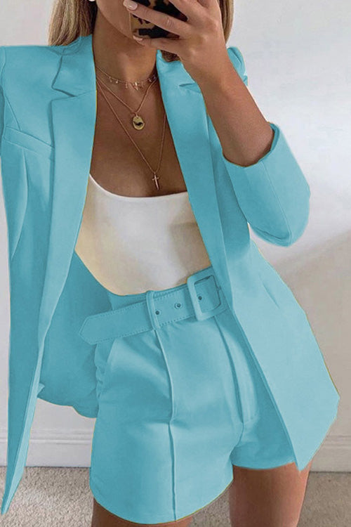 Rowangirl Chic Solid Lapel Long Sleeve Suit Coat+Slim Suit Shorts Two-piece