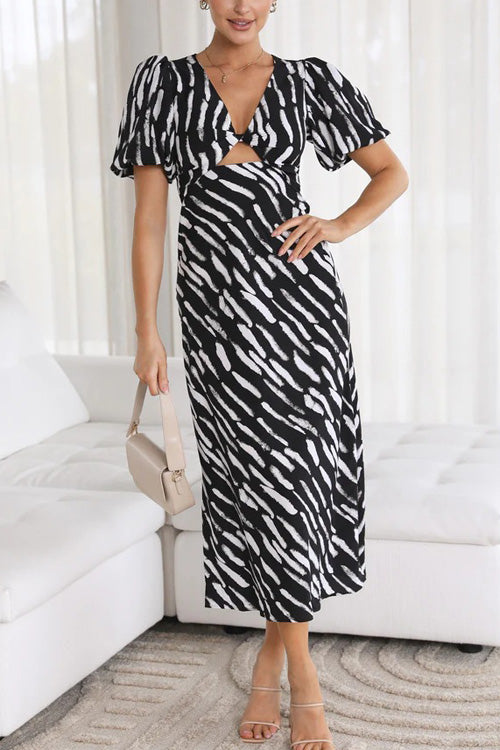 Rowangirl Fashion Printed V Neck Short Sleeve Slim Mid-length Dress